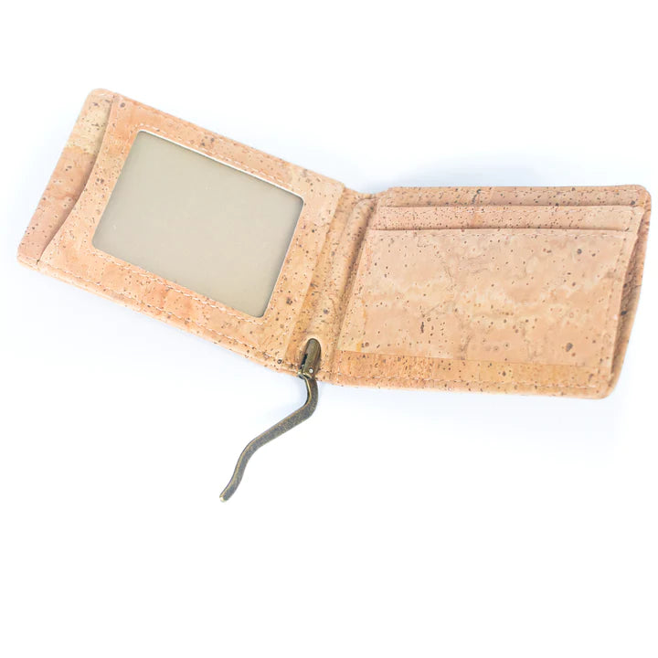 Angelco Accessories Caleb cork wallet  - view inside of open wallet showing open money clip