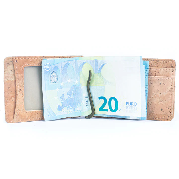 Angelco Accessories Caleb cork wallet  - view inside of open wallet with cash notes in money clip
