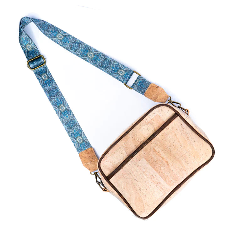Angelco Accessories Cork camera bag - style B - front view of bag with patterned strap extended