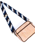 Angelco Accessories Cork camera bag - style E - front view of bag with patterned strap extended