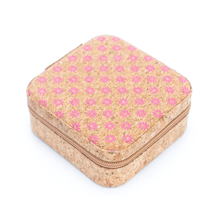 Cork jewellery travel case - medium in pink daisy print, photographed on white background