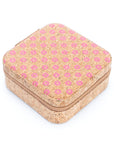 Cork jewellery travel case - medium in pink daisy print, photographed on white background