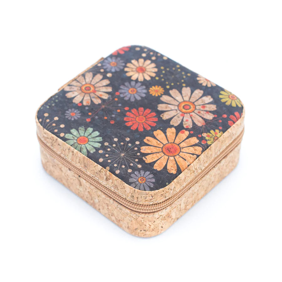 Cork jewellery travel case - medium in black floral print, photographed on white background