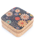 Cork jewellery travel case - medium in black floral print, photographed on white background