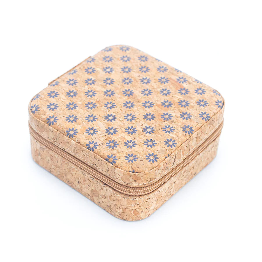 Cork jewellery travel case - medium in blue daisy print, photographed on white background