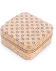 Cork jewellery travel case - medium in blue daisy print, photographed on white background