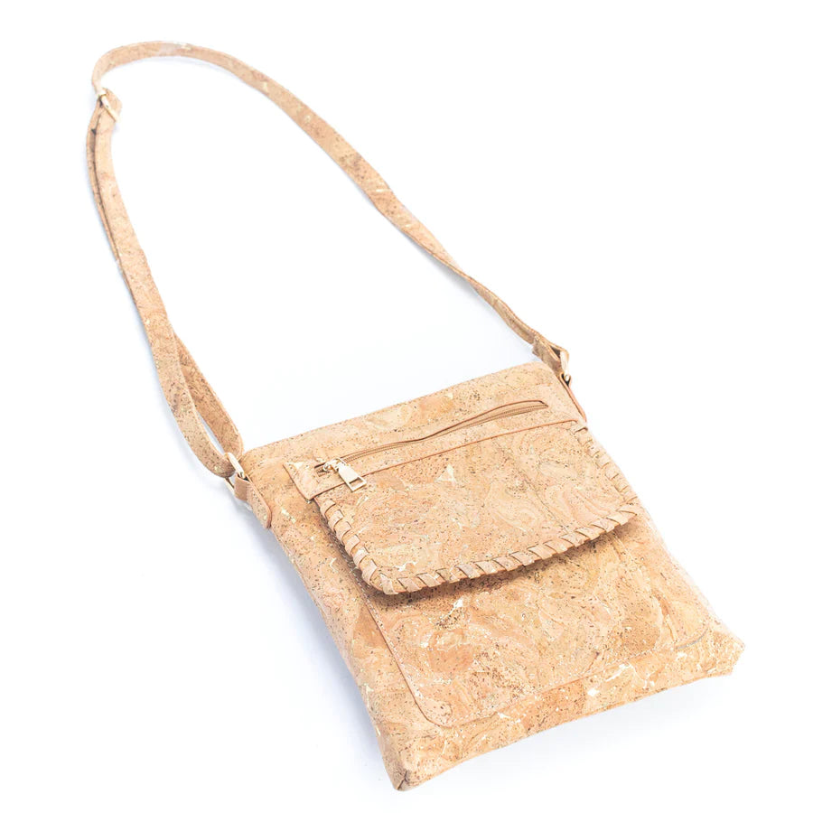 Angelco Accessories cork stitch crossbody bag - natural/gold bag on white flatlay with shoulder strap extended