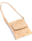 Angelco Accessories cork stitch crossbody bag - natural/gold bag on white flatlay with shoulder strap extended