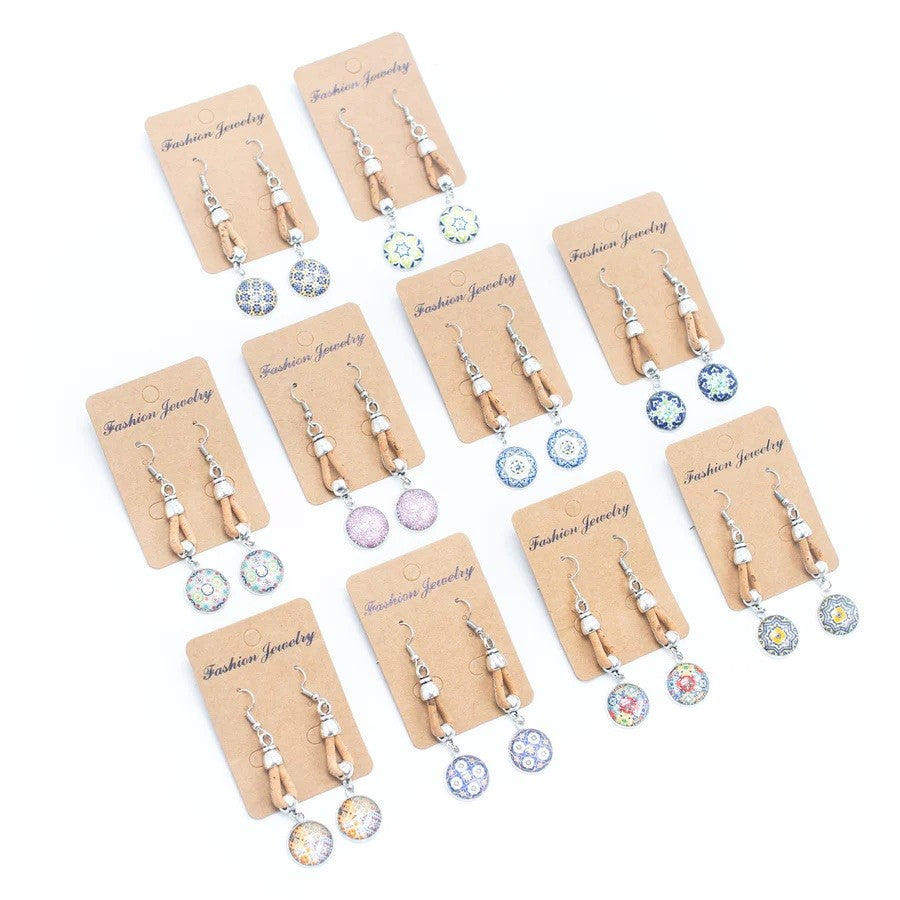 Angelco Accessories Drop disk cork earrings - example display of designs and colours