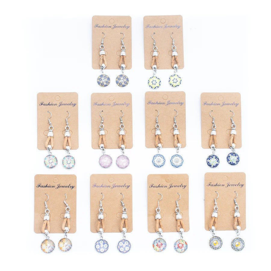 Angelco Accessories Drop disk cork earrings, example display of colours and designs
