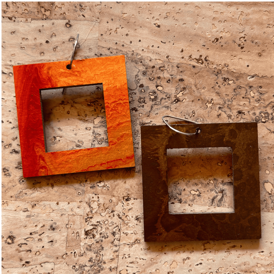 Angelco Accessories - reversible square hoop paper earrings - showing both sides of earrings - burnt orange or brown