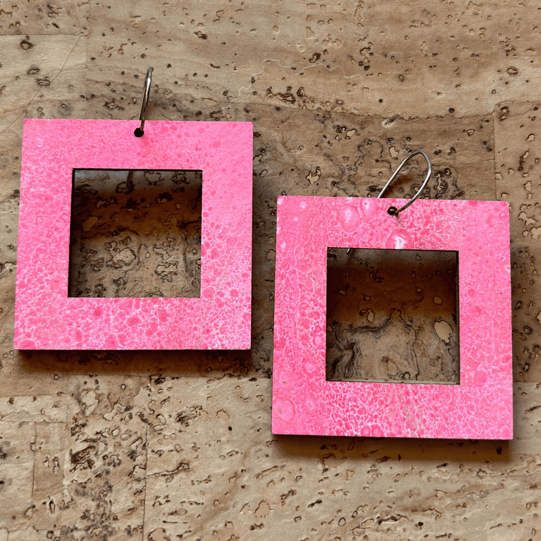 Angelco Accessories - reversible square hoop paper earrings - showing pink side only - pink or green