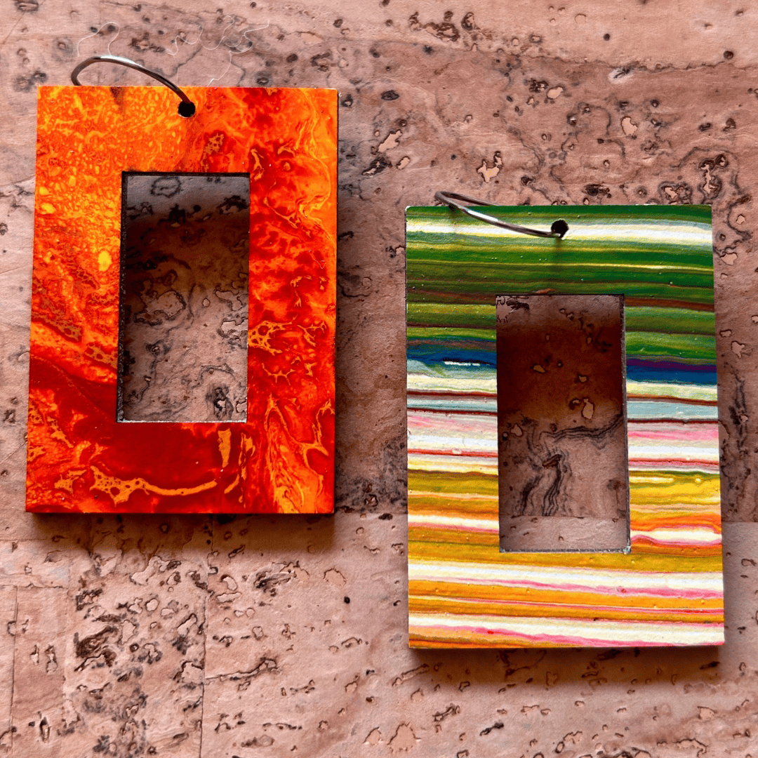Angelco Accessories - reversible rectangle hoop paper earrings - showing both sides of earrings - orange or yellow green