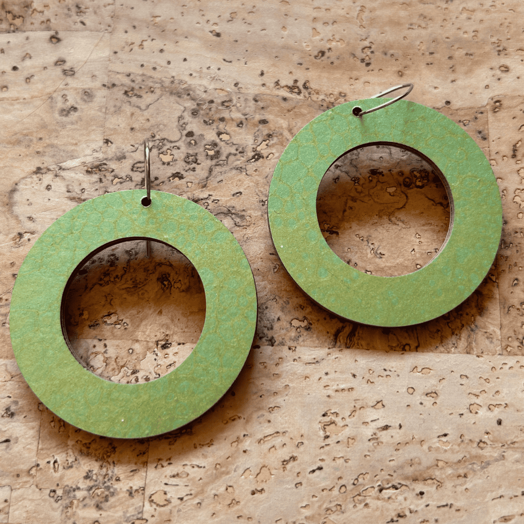 Angelco Accessories reversible circle hoop paper earrings - showing green side only - pink/green