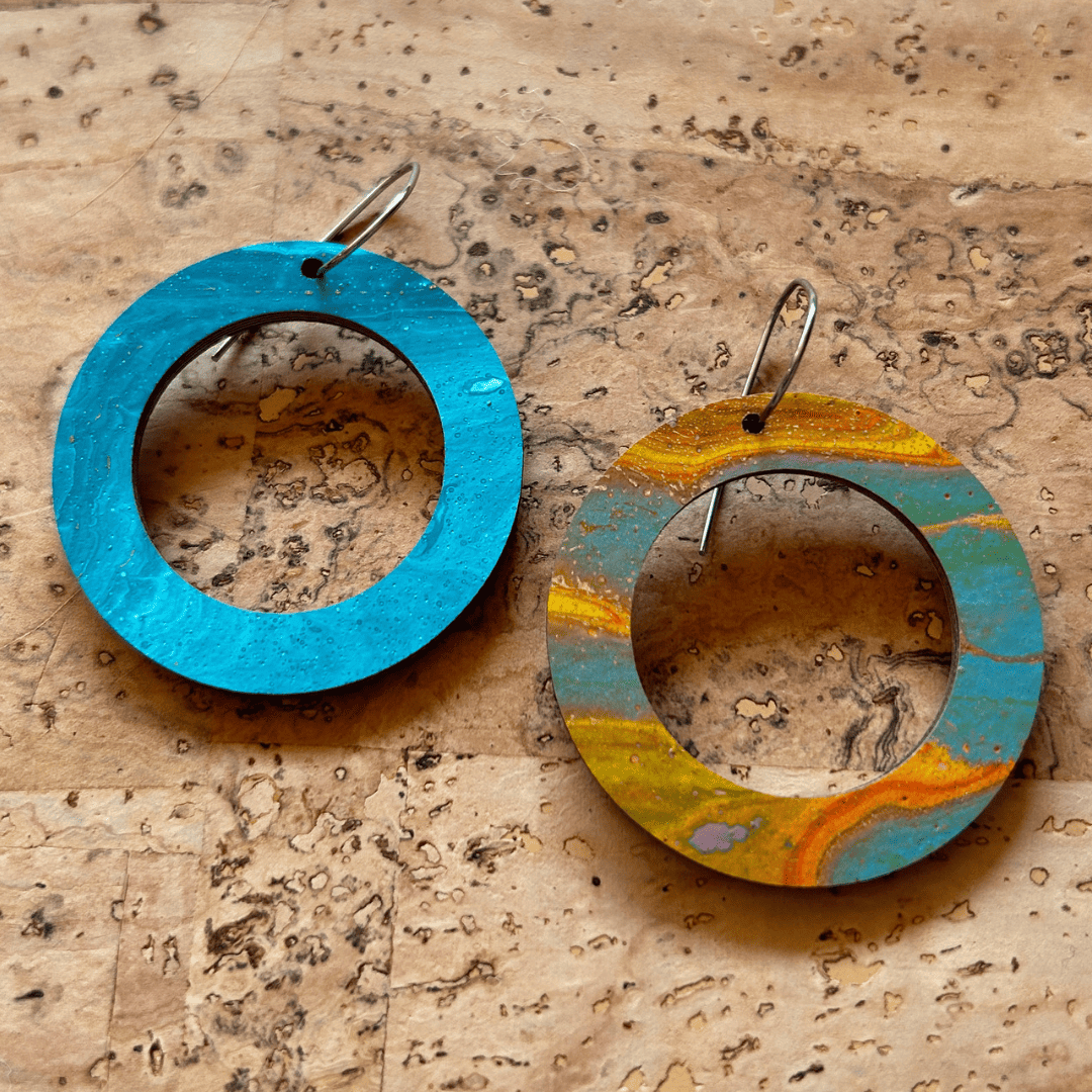 Angelco Accessories reversible circle hoop paper earrings - showing both sides - blue / blue gold