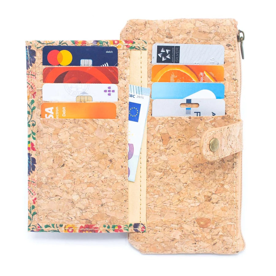 Angelco Accessories Ginny cork wallet with patchwork print - flatlay of open wallet on white background