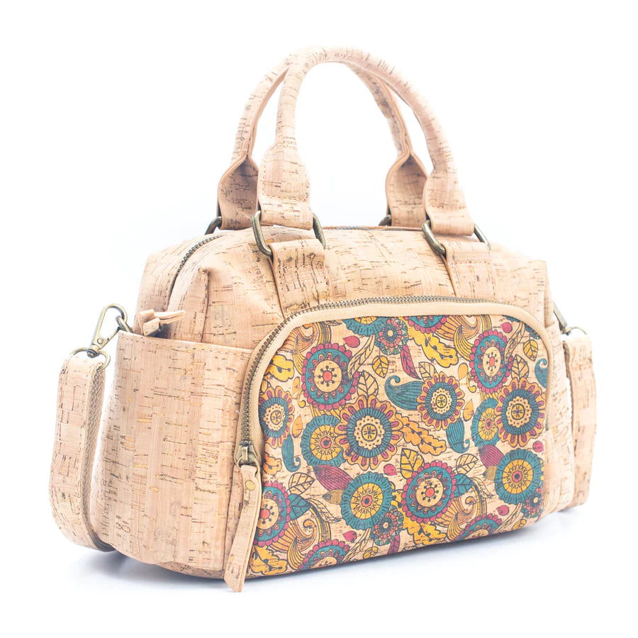Angelco Accessories Small cork traveller bag - front view with sunny paisley print