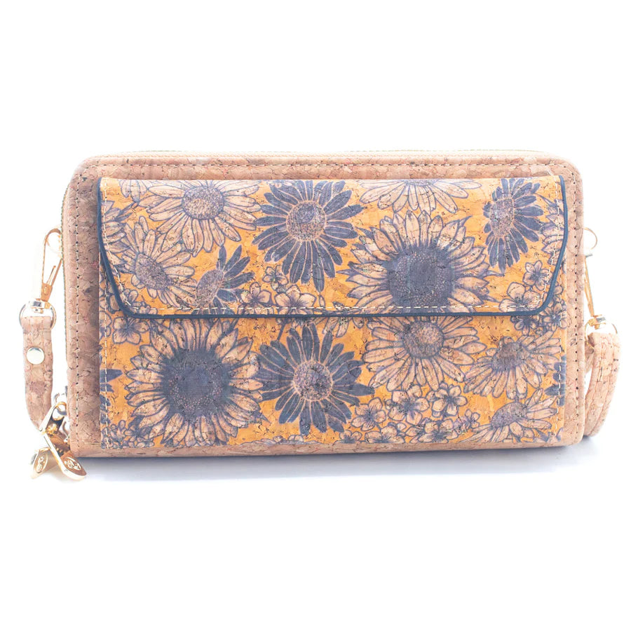 Angelco Accessories - Front pocket phone wallet crossbody cork bag - blue sunflower