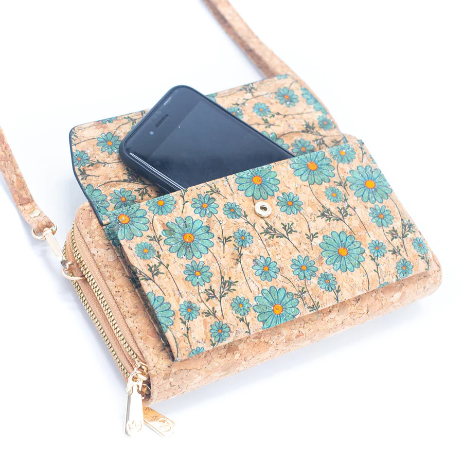 Angelco Accessories - Front pocket phone wallet crossbody cork bag  - phone sitting in phone pocket