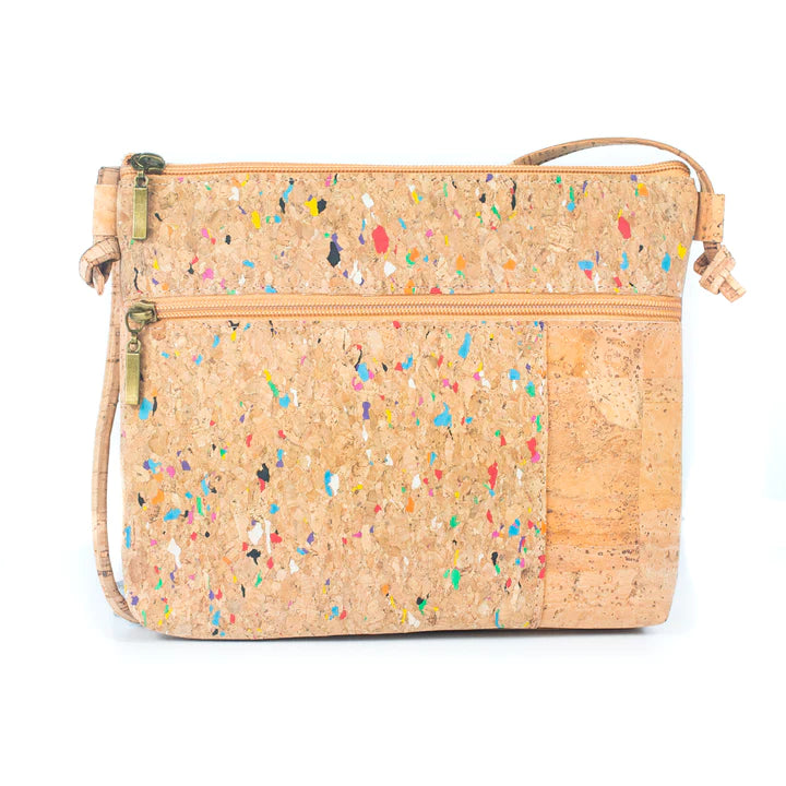 Angelco Accessories Katt crossbody bag with colourful flecked cork panelling on a white background