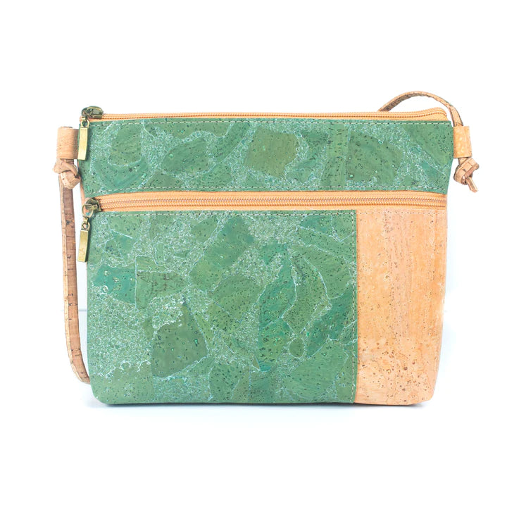 Angelco Accessories Katt crossbody bag with green metallic marbled panelling on a white background