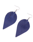 Angelco Accessories Leaf shaped indigo cork drop earrings - flatlay on white background