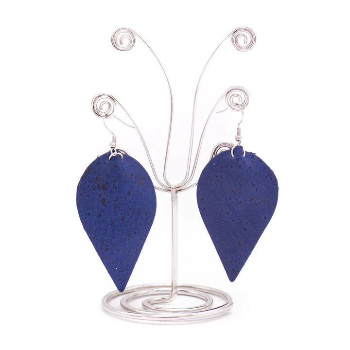 Angelco Accessories Leaf shaped indigo cork drop earrings - earrings hanging in front of white background