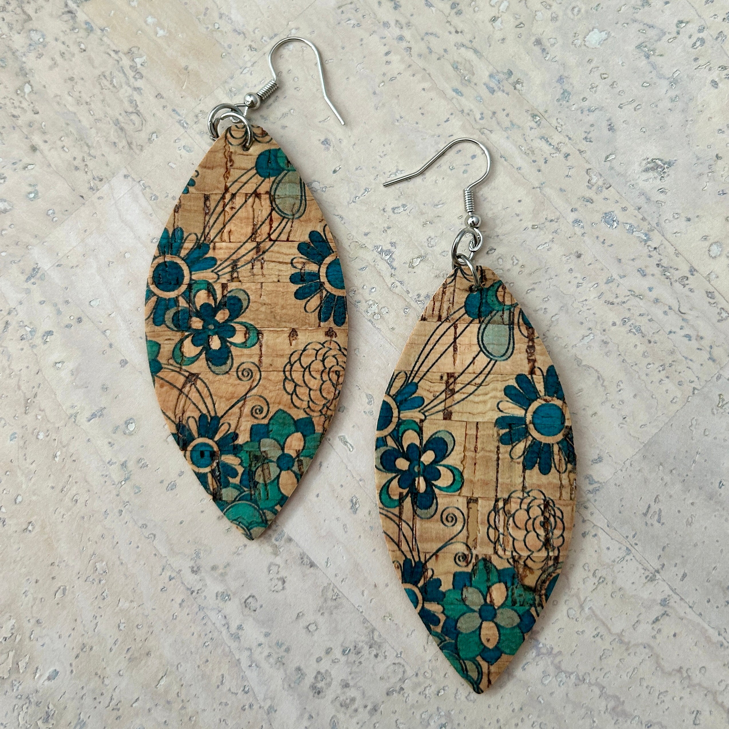 Angelco Accessories Marquise pattern cork drop earrings - blue print