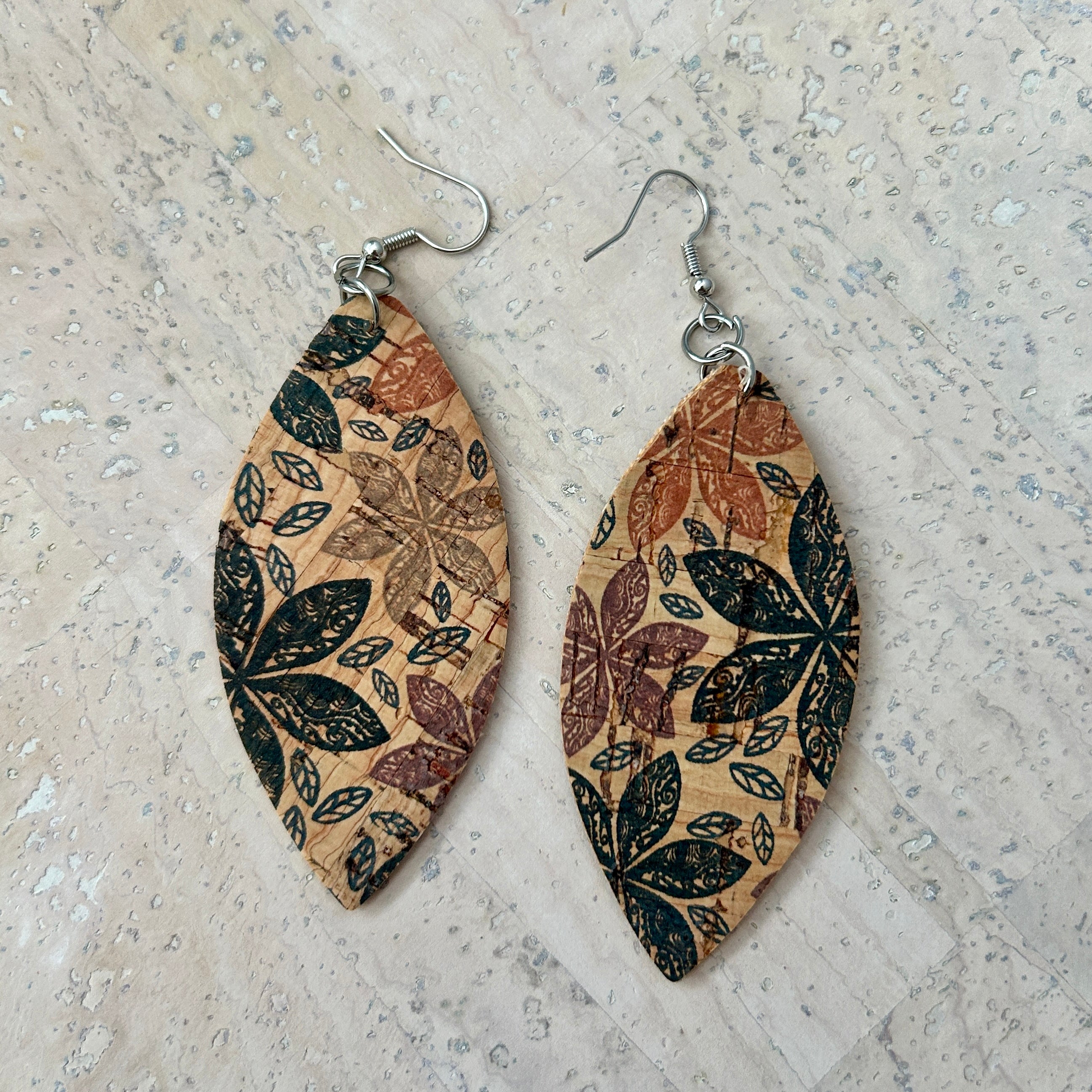 Angelco Accessories Marquise pattern cork drop earrings - brown print