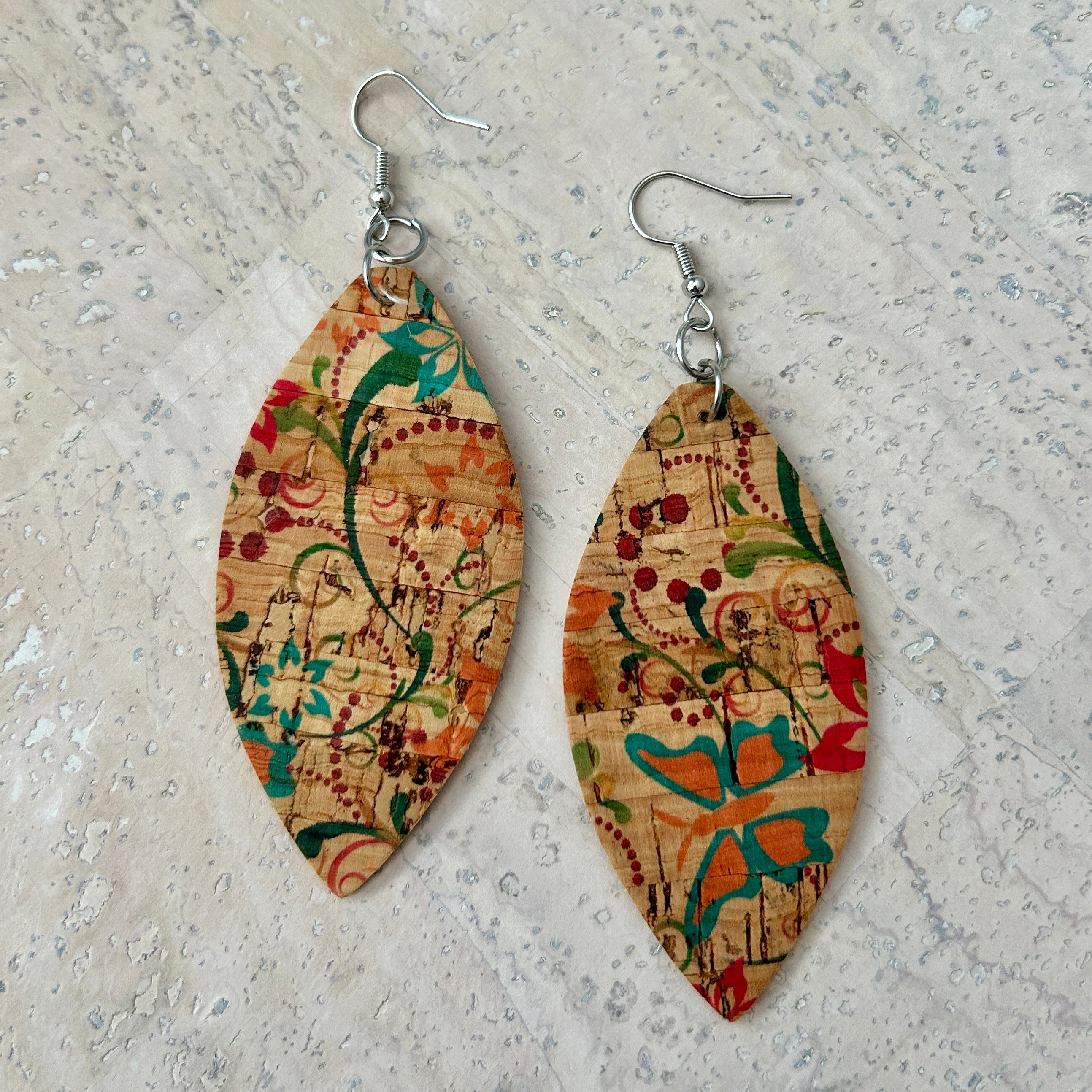 Angelco Accessories Marquise pattern cork drop earrings - orange print