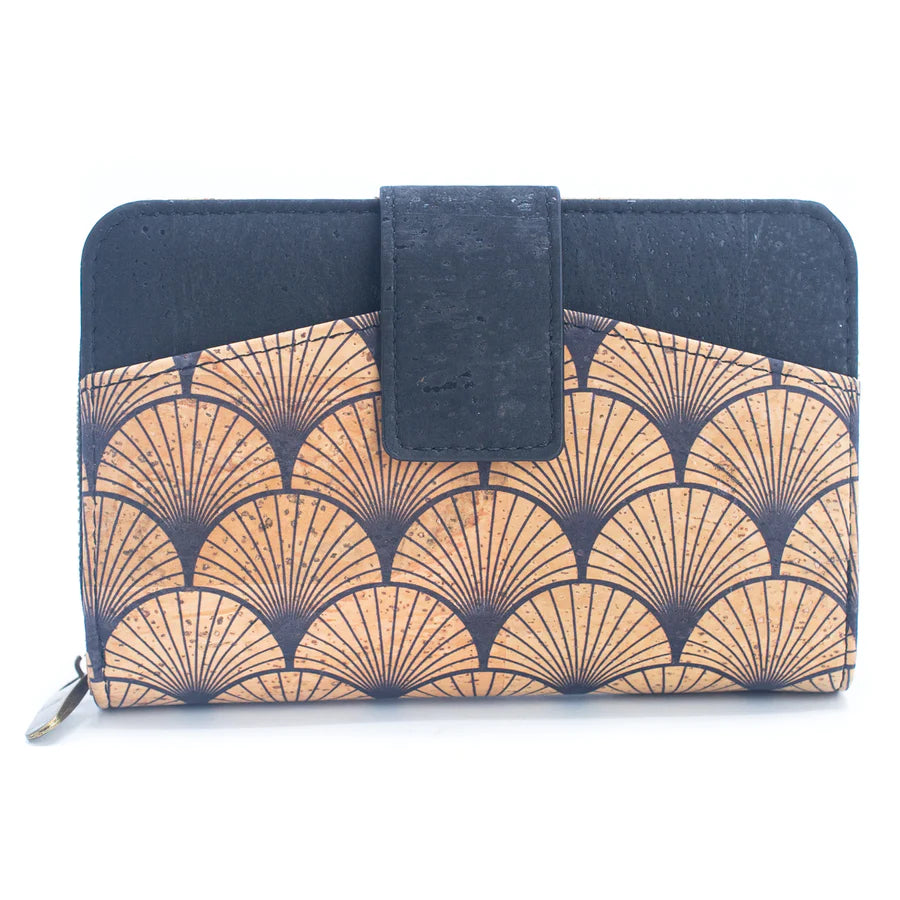 Angelco Accessories Millie cork wallet - front view of cork wallet monochrome deco print with white background