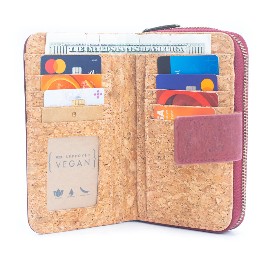Angelco Accessories Millie cork wallet - view of cork wallet open to show card storage with white background