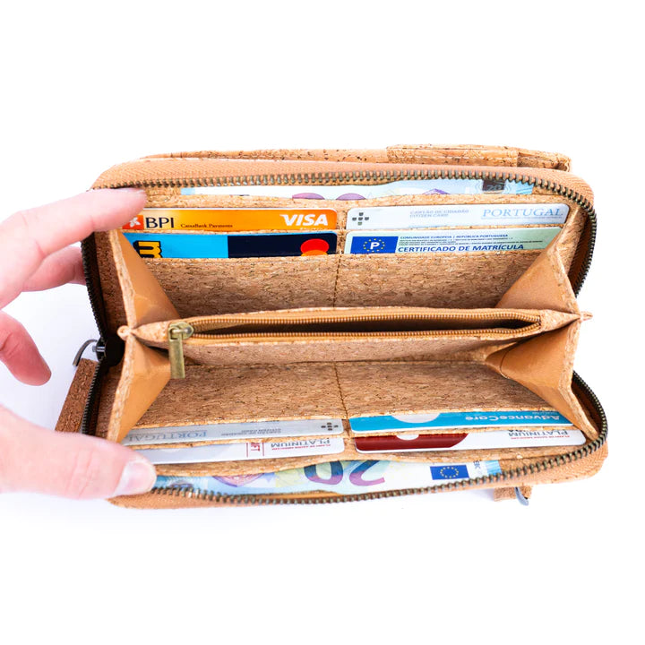 Angelco Accessories Riley phone wallet cork sling - top view of open wallet showing card slots and zippered coin purse