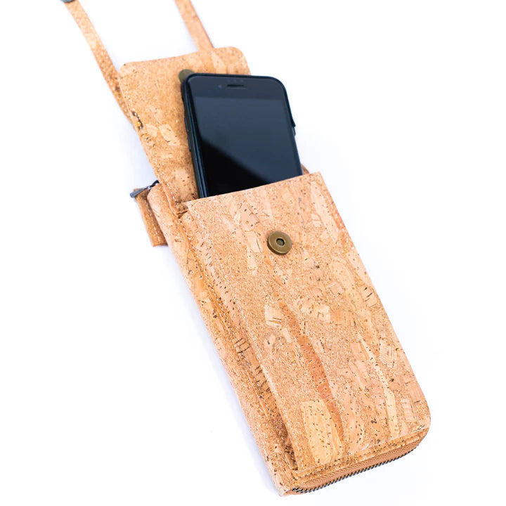 Angelco Accessories Riley phone wallet cork sling - view with phone in pocket on white background