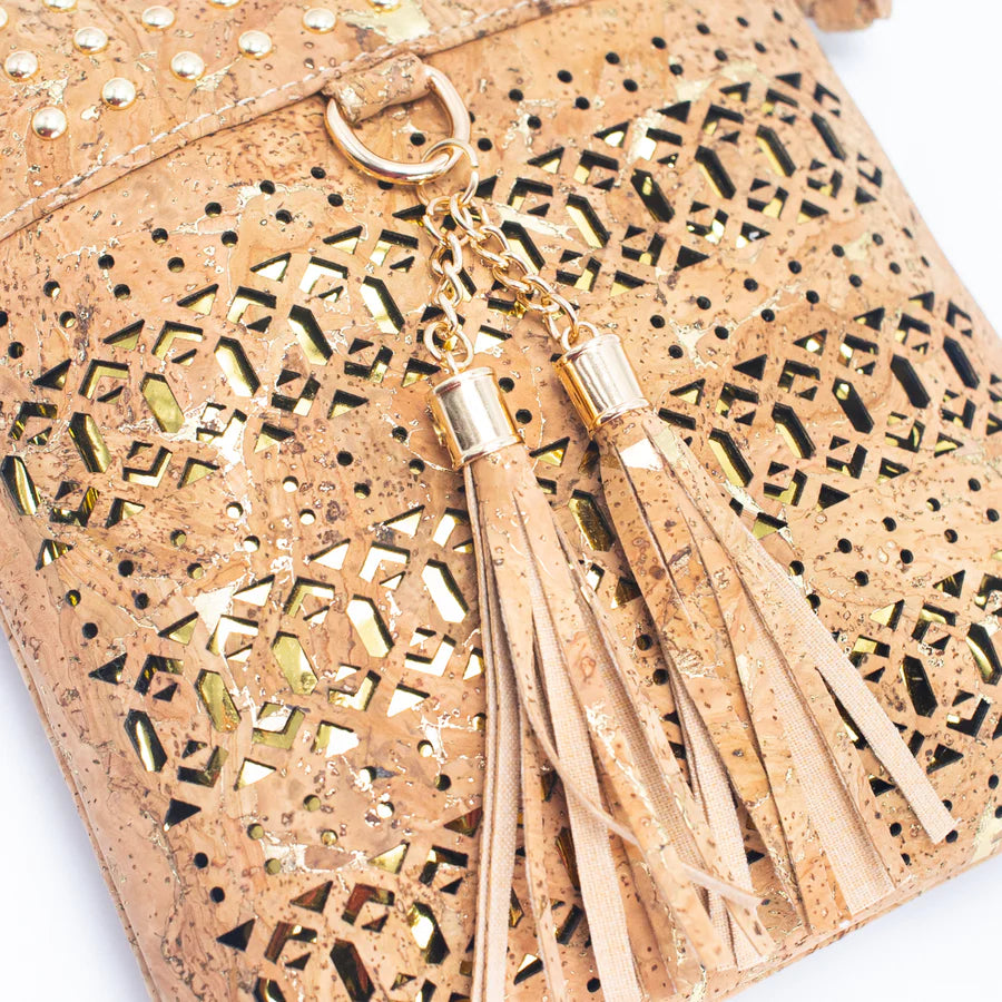 Angelco Accessories Rivet and cork crossbody pouch - close up detail view on white background