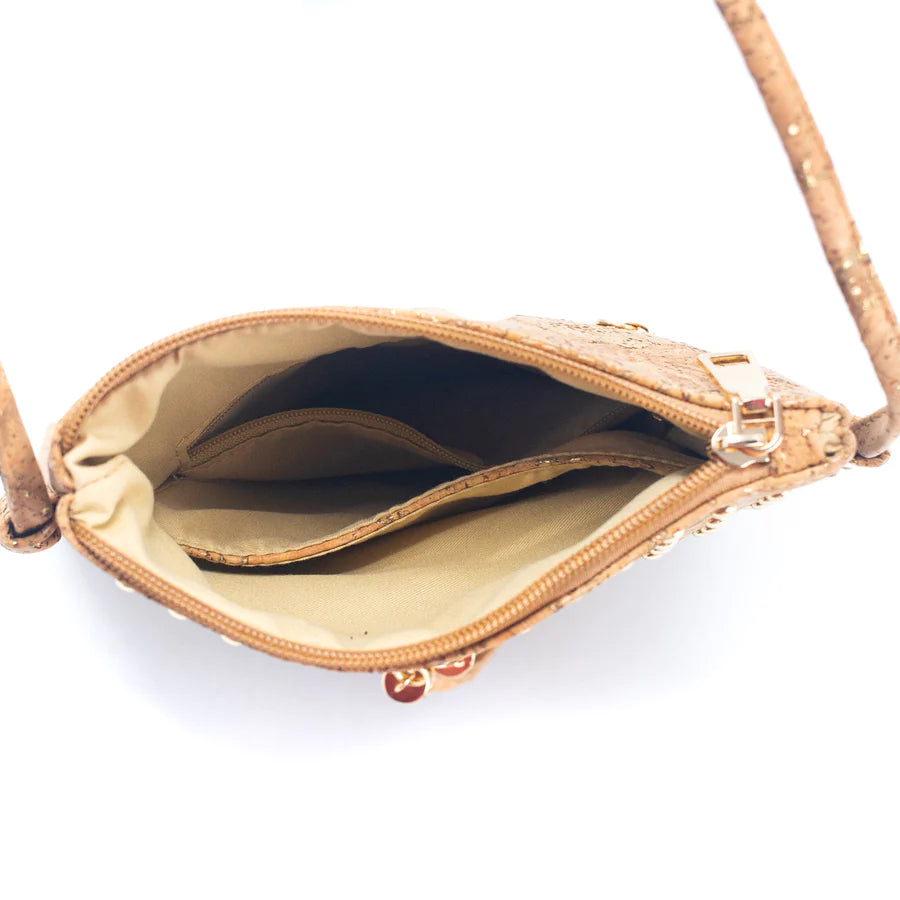 Angelco Accessories Rivet and cork crossbody pouch - top  view of open pouch on white background