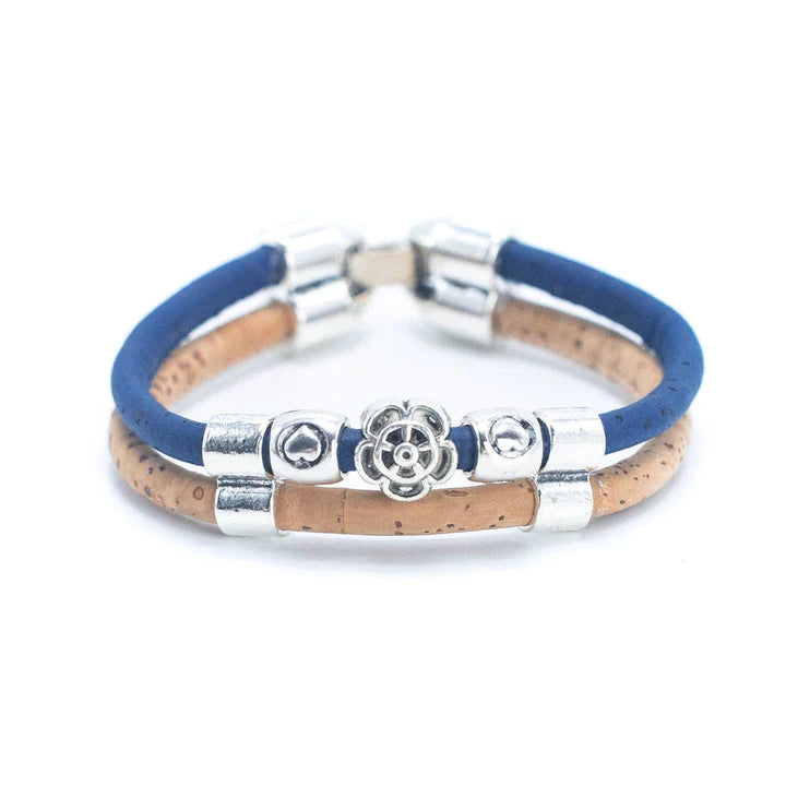 Angelco Accessories Rose bead cork bracelet - front view of blue bracelet on white background
