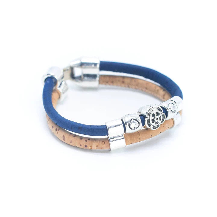 Angelco Accessories Rose bead cork bracelet - angled view of blue bracelet on white background