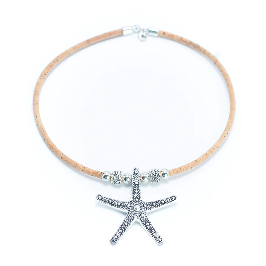 Angelco Accessories Starfish pendant cork necklace with silver coloured beads - flatlay on white surface