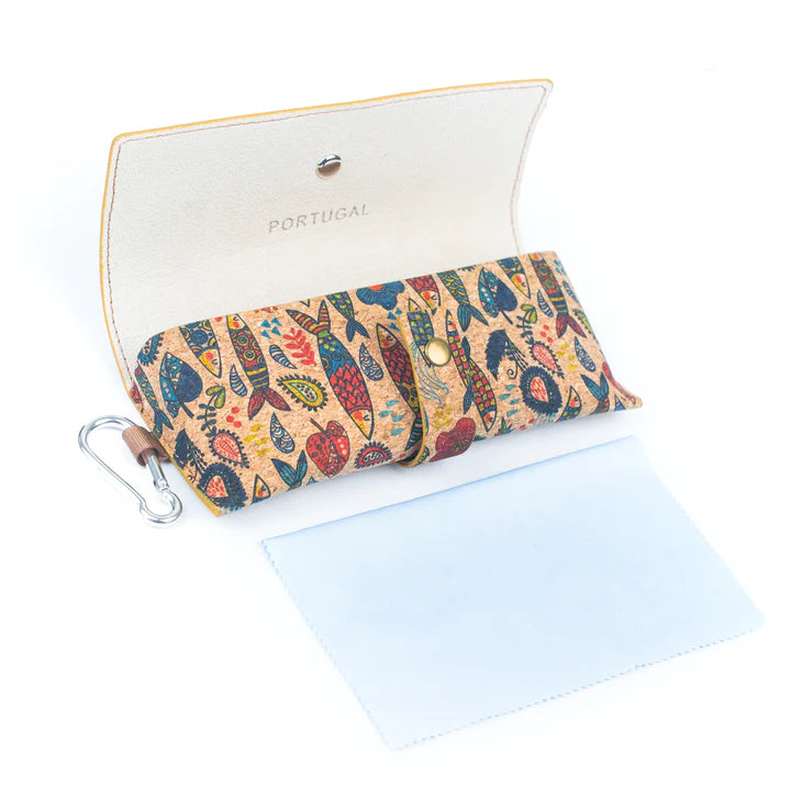 Angelco Accessories Clip on cork glasses case - flap open, shown against white background