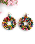 Angelco Accessories concentric kantha earrings - displaying 3 concentric circles of colourful kantha beads