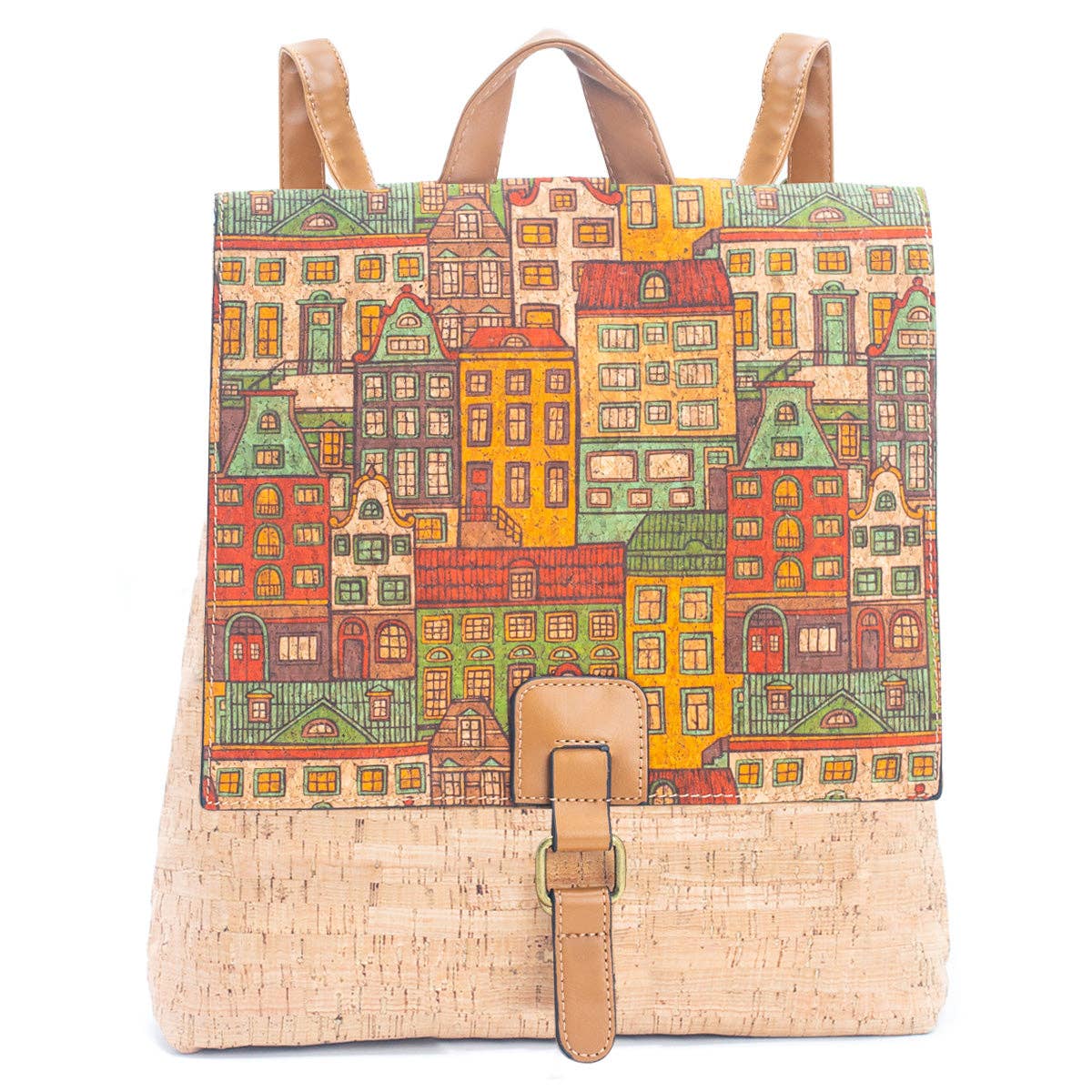 Angelco Accessories cork backpack with colourful city design and vegan leather straps on white background