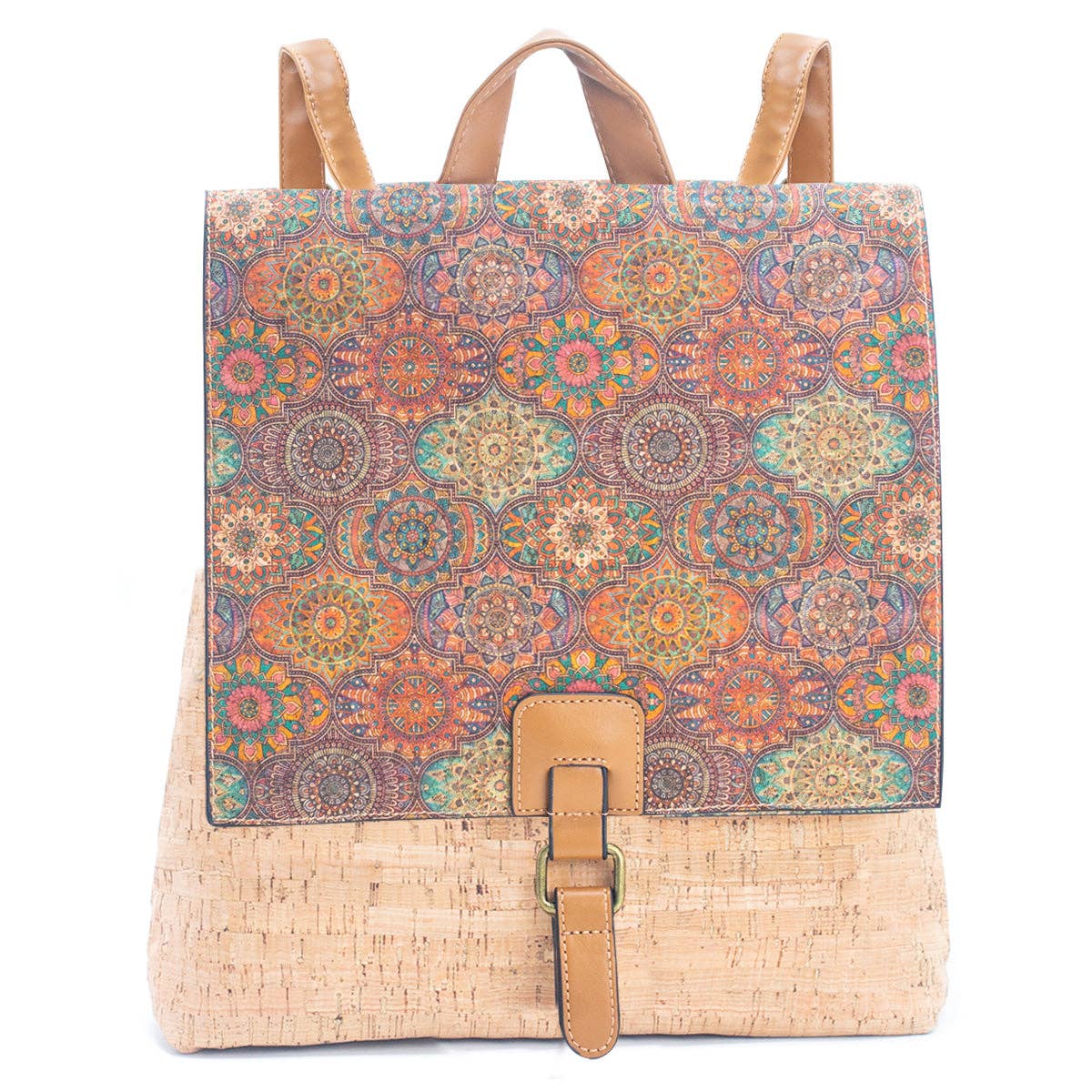 Angelco Accessories cork backpack with colourful design and vegan leather straps on white background