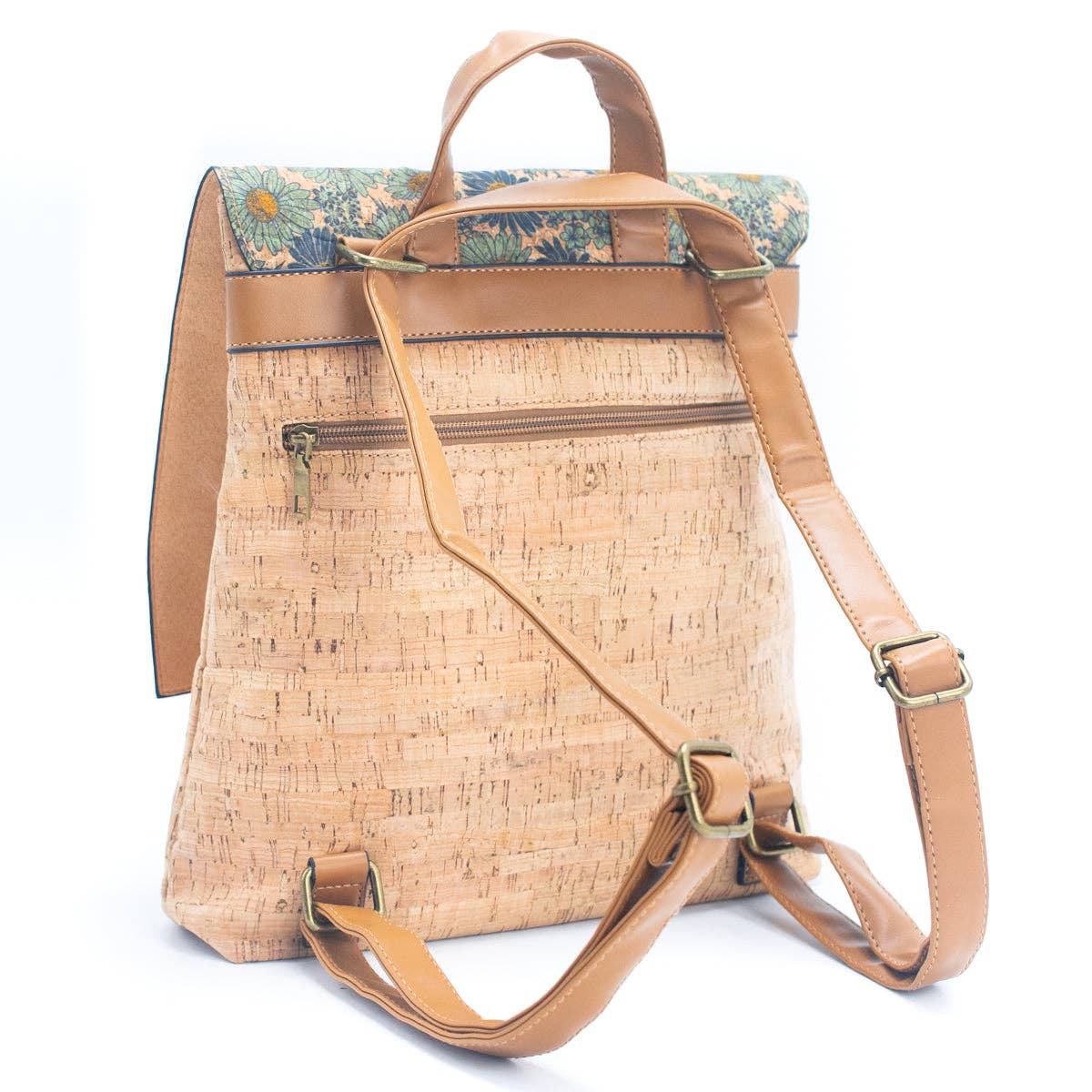 Angelco Accessories cork backpack with colourful design and vegan leather straps as shown from rear