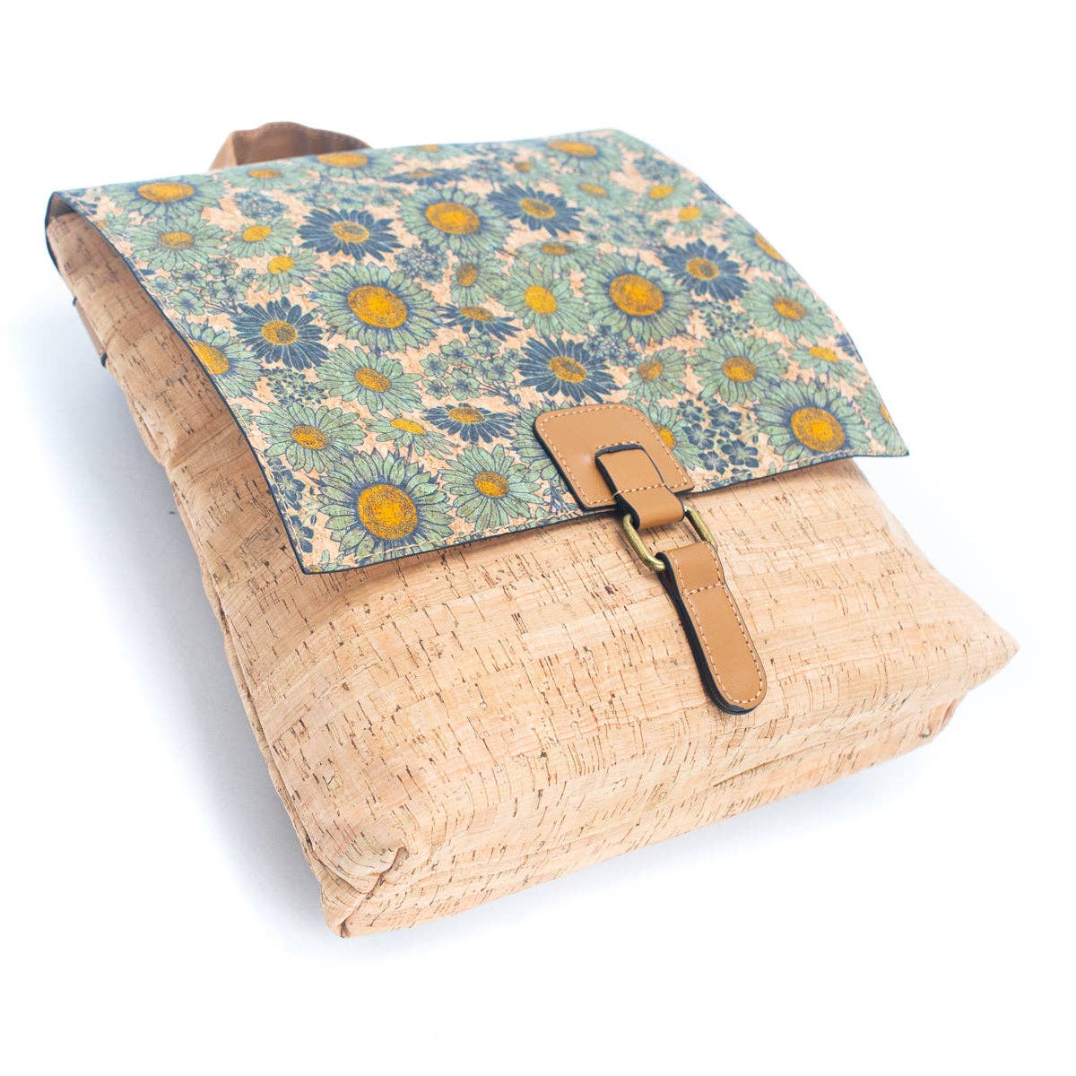 Angelco Accessories cork backpack with blue sunflower design and vegan leather straps