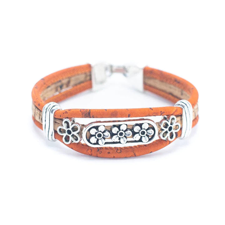 Angelco Accessories Floral lines cork bracelet - front view in orange colour