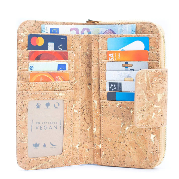 Angelco Accessories Marbled cork tab wallet - open view showing 11 card slots and interior pockets