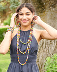 Angelco Accessories single strand kantha medium necklace as worn by model, layered with other kantha necklaces of varying lengths