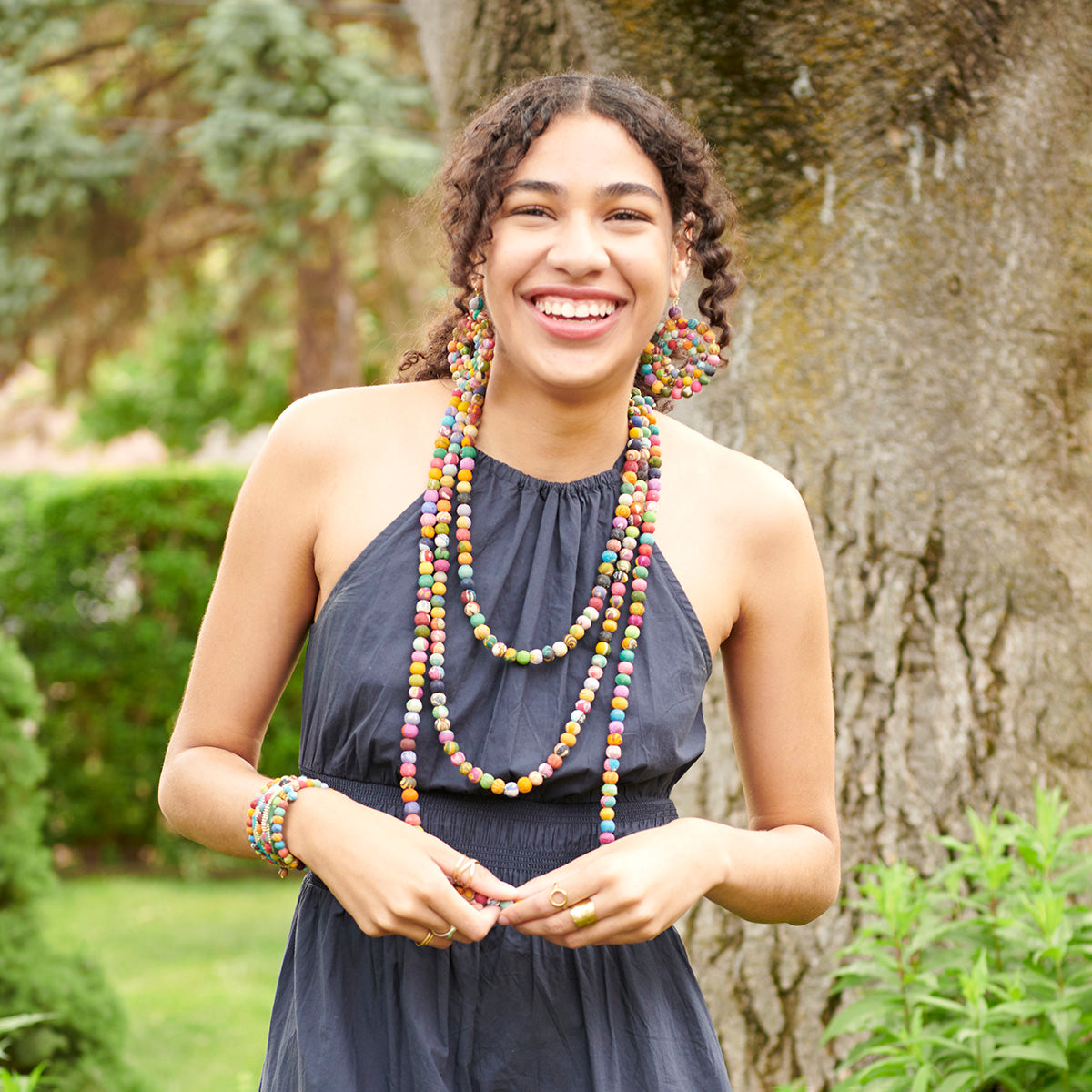 Angelco Accessories single strand kantha short necklace as worn by model, layered with other necklaces