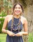 Angelco Accessories single strand kantha short necklace as worn by model, layered with other necklaces